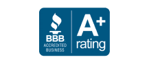 BBB Business Review A+ rating badge with blue background and white text