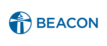 Beacon logo with blue circular icon featuring lighthouse symbol and text