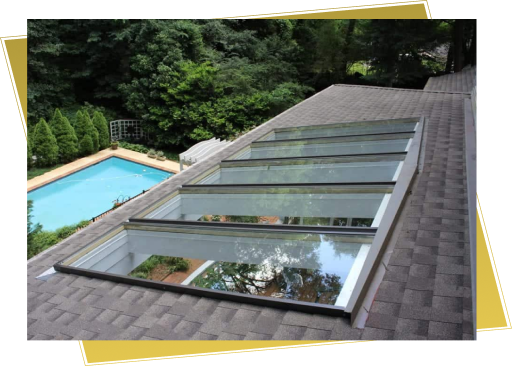 Modern skylights installed on residential roof with swimming pool and garden view