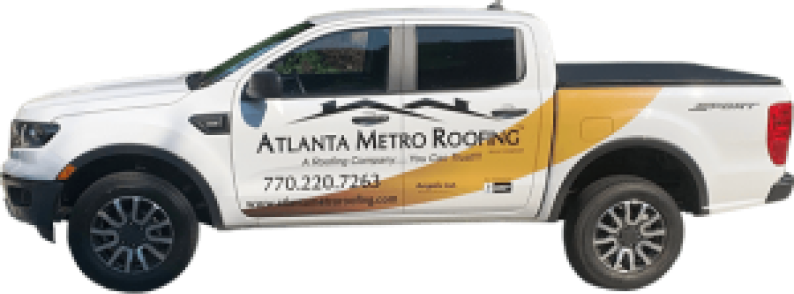 White Ford Ranger pickup truck with Atlanta Metro Roofing company branding