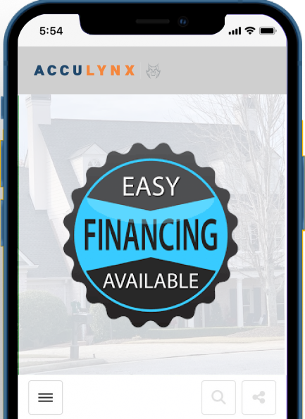 Easy financing available badge displayed on AccuLynx mobile app interface