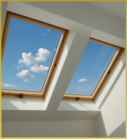 Two wooden-framed skylights in white ceiling showing blue sky with white clouds